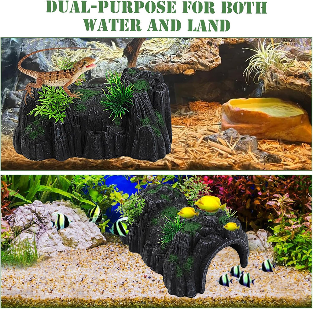 Fish Tank Hideout Cave Decor,Resin Rock Mountain Tunnel with Moss Plants Betta Cichlid Habitat Shelter for Aquarium Fish Tank Accessories 9.5 x 6 x 4 Inch