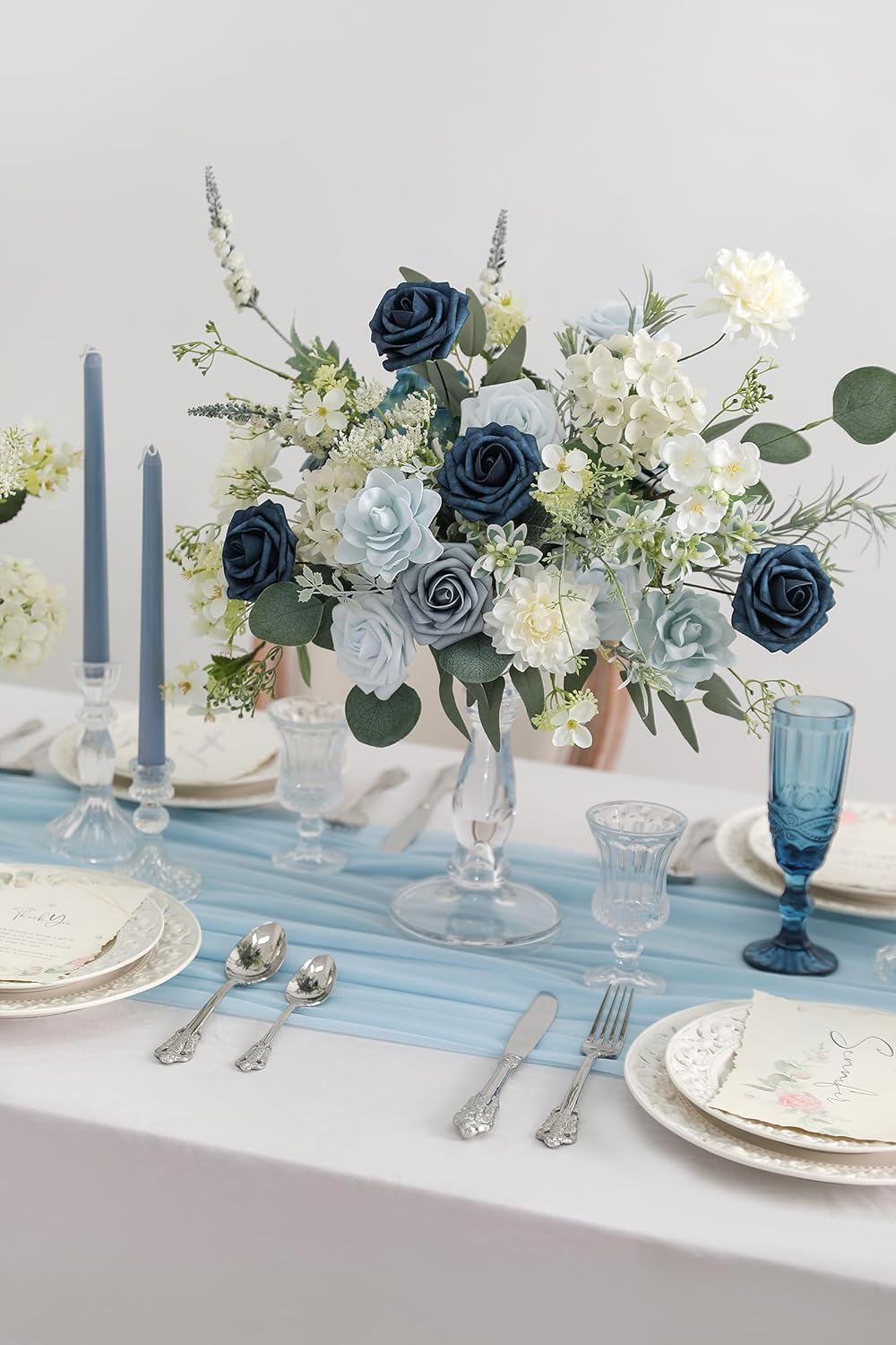 Blue Artificial Flowers Combo Box Set Gradient Color Flower Leaf with Stems for DIY Wedding Bouquets Centerpieces Baby Shower Party Home Decorations