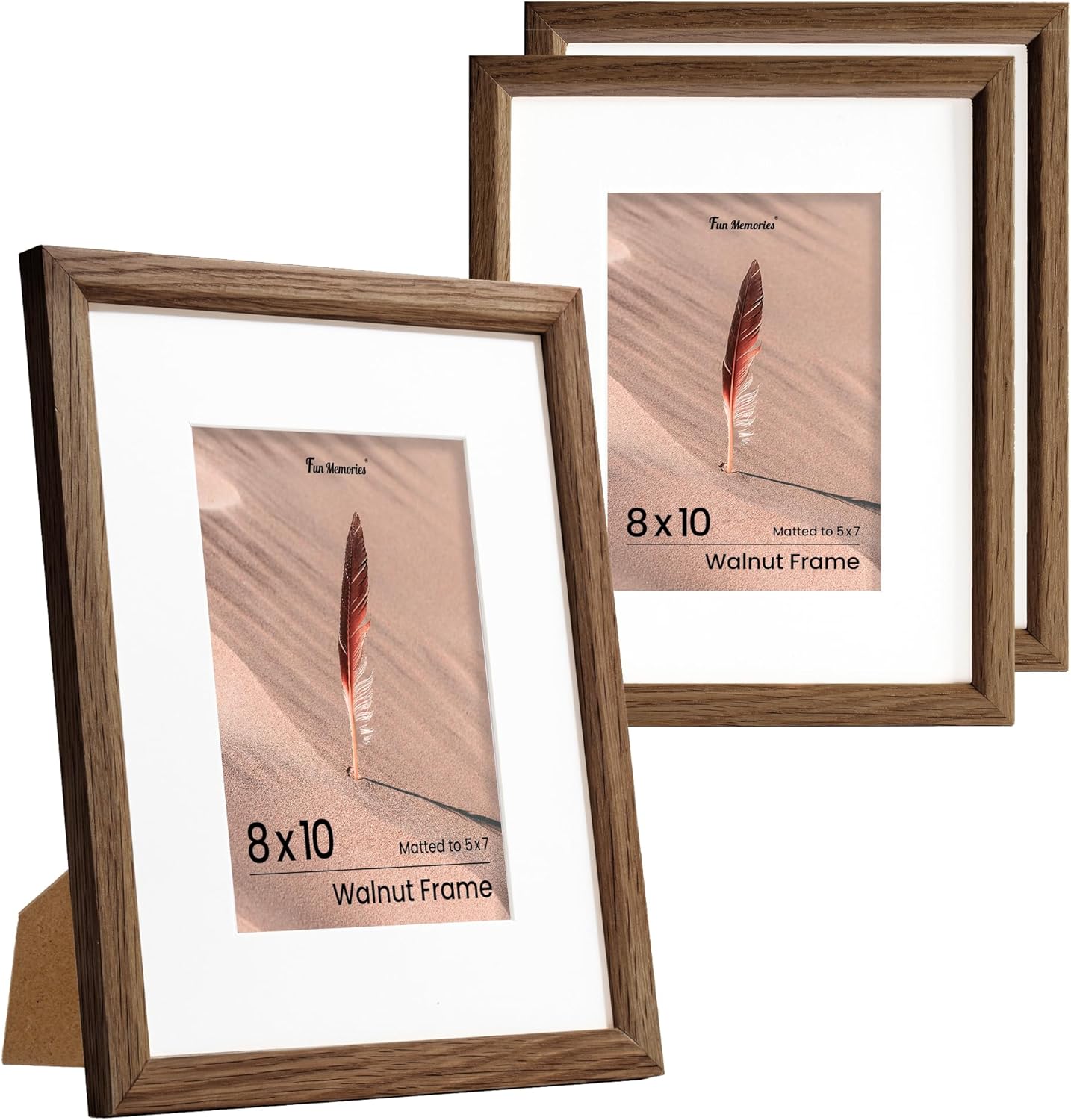 Fun Memories 8x10 Oak Picture Frame for Wall, 8x10 Frame with Matted to 5x7, Solid Wood Picture Frames for Wall Art Photo and Prints (Walnut, 3 Pack)