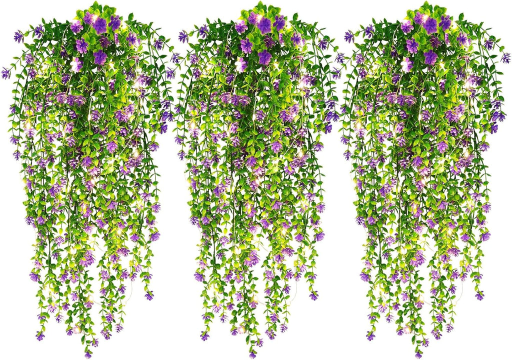 RECUTMS Artificial Hanging Plants Fake Hanging Plant Faux Hanging Plants UV Resistant Plastic Plants for Indoor Outdoor Room Wall Wedding Patio Porch Decor(Purple)