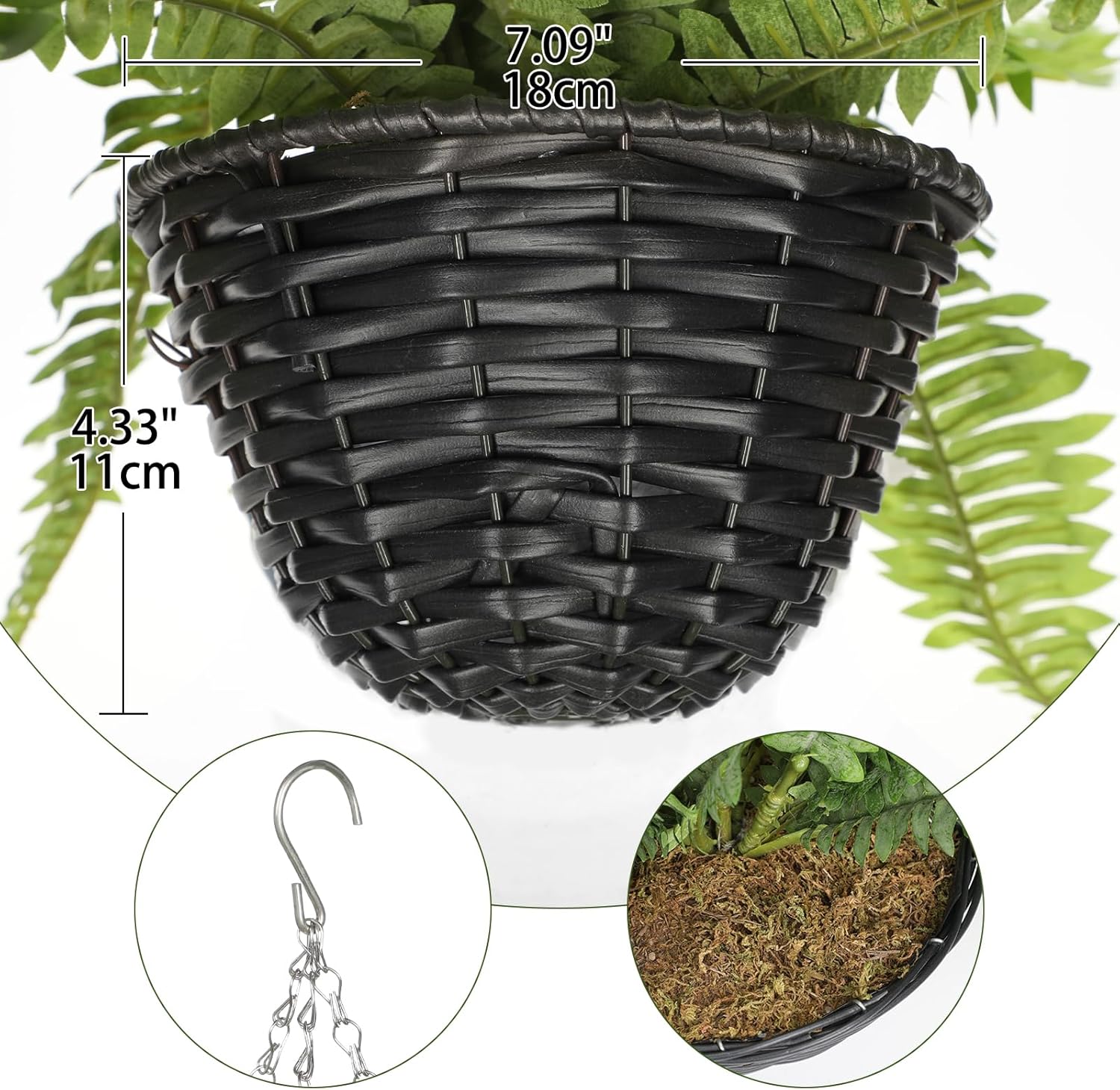 Hollyone 21" Artificial Boston Fern Hanging Basket 31 Leaves Fake Ferns in Rattan Pot Medium Greenery Plants for Outdoors & Indoor Faux Fern Bush Basket Plant Patio Garden Home Decor Green