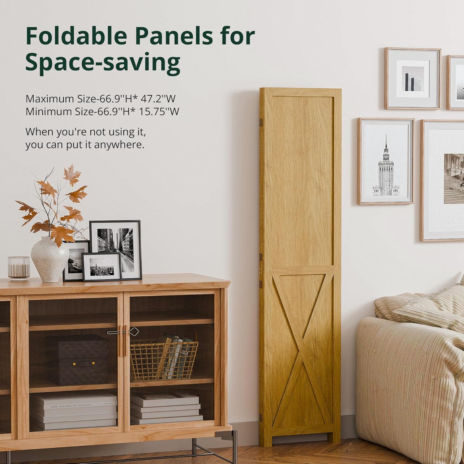 Cozy Castle Wood Room Divider, 3 Panel 66.9 Inch Privacy Screen, Folding Wall Divider, Barnwood Room Separator, Freestanding Partition, Temporary Wall for Decorative, Natural