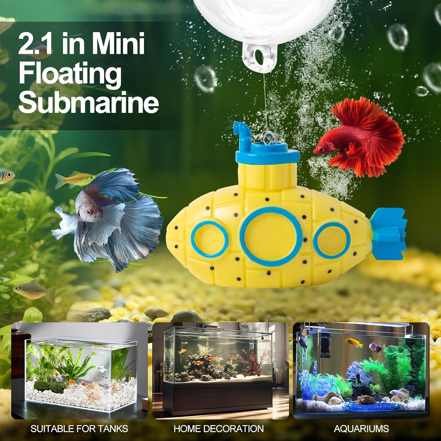 CousDUoBe 2.1 in Mini Floating Submarine Fish Tank Decoration Set，Cute Retro Submarine Set and Floating Diver,Aquarium Decorations Resinous Betta Fish Tank Accessories