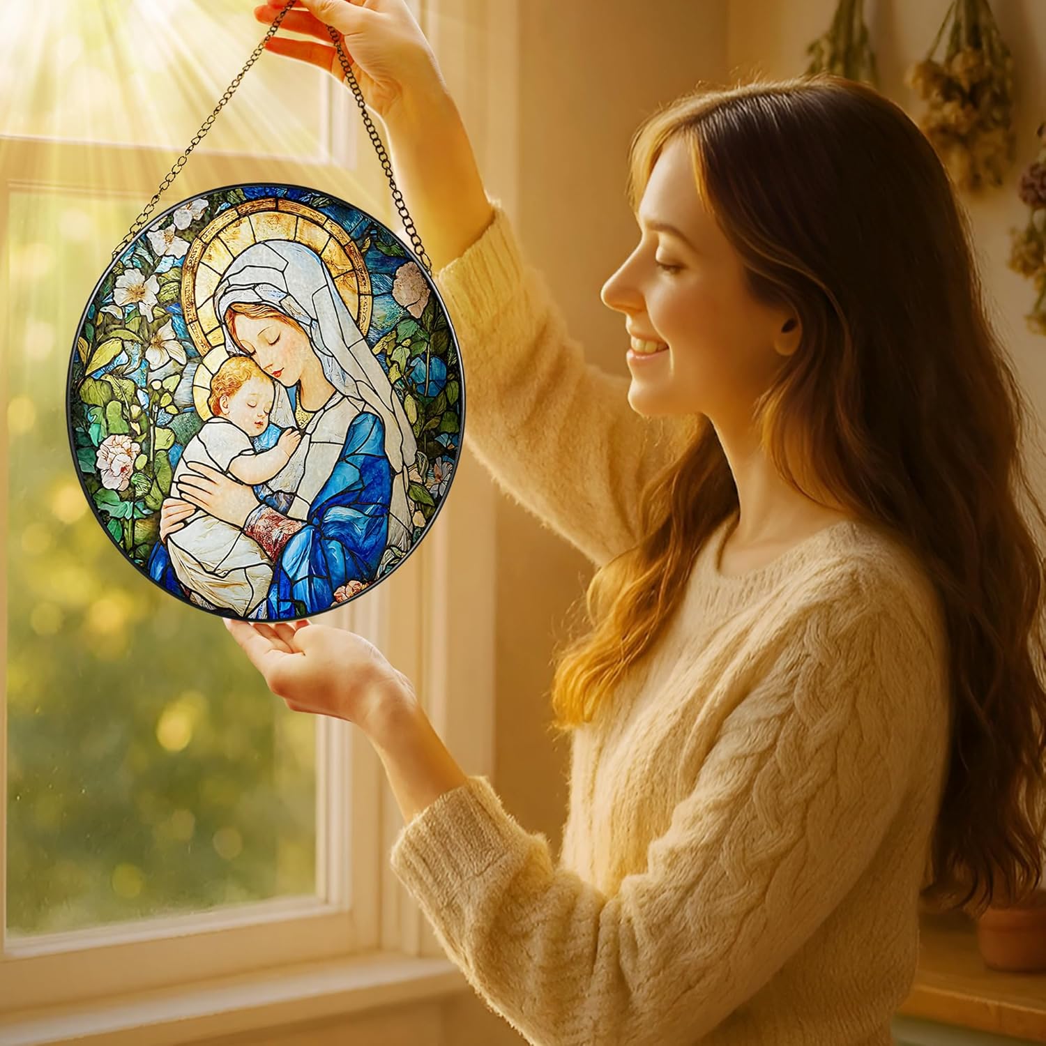 8 Inch Virgin Mary Stained Glass Suncatcher, Suncatchers for Windows Hanging, Baby Jesus Window Decoration, Religious Suncatcher, Catholic Window Hanging, Gift for Religious, Christian Gifts