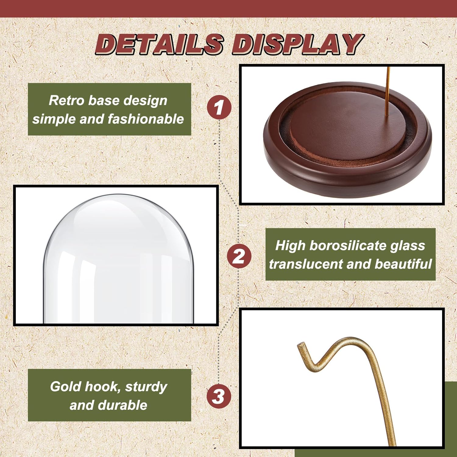 2 Pcs Pocket Watch Glass Display with Hooks Dome Cloche with Wood Base Decorative Glass Display Dome Showcase for Watch Plants Medals Photos Collectibles Dark MDF Base(3" X 5",Gold Hook)