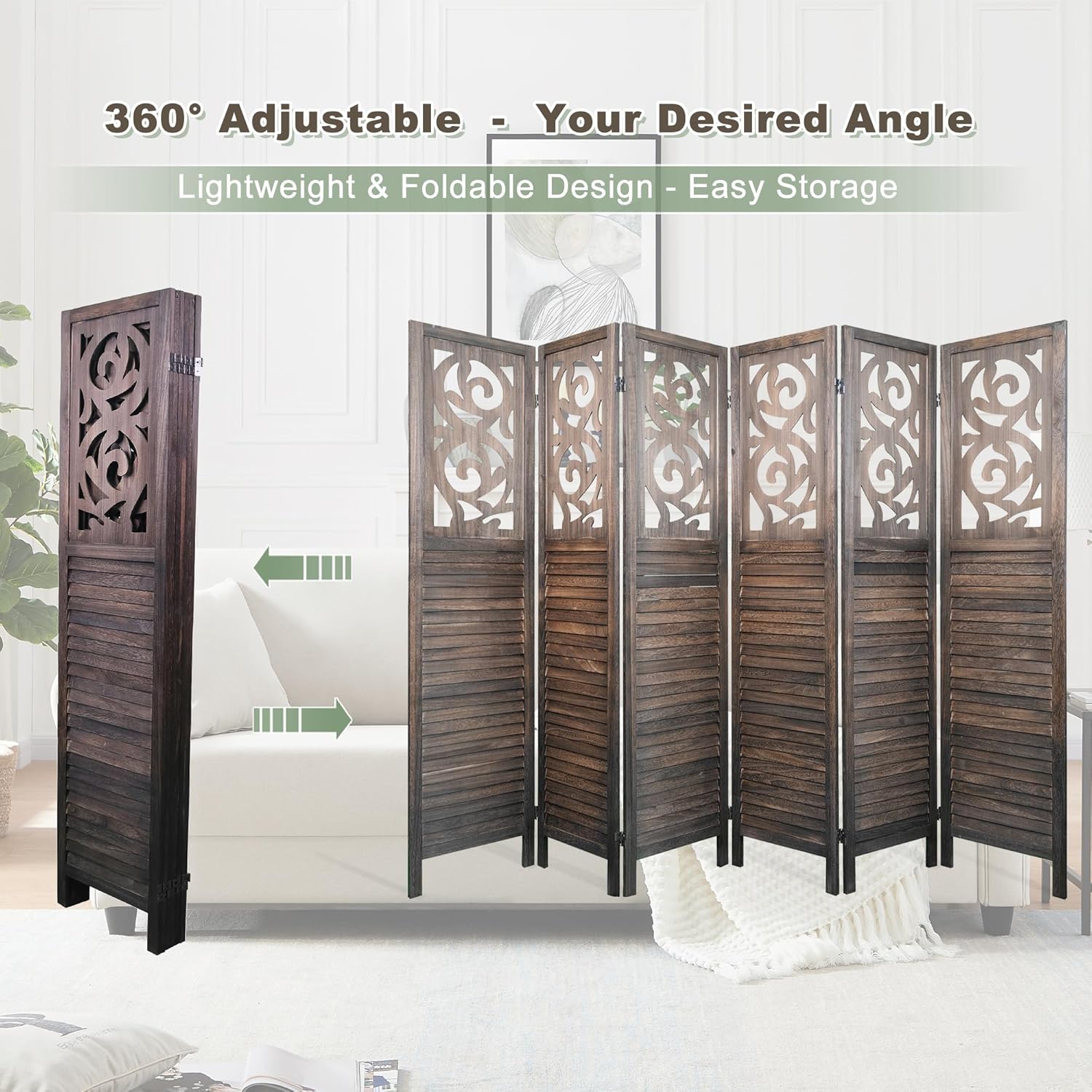 6 Panel Room Dividers 6FT Wall Divider Carved Wood Room Separator Folding Privacy Screens Cutout Design Foldable Partition Wall for Office Restaurant, Studio Apartment, Rustic Brown