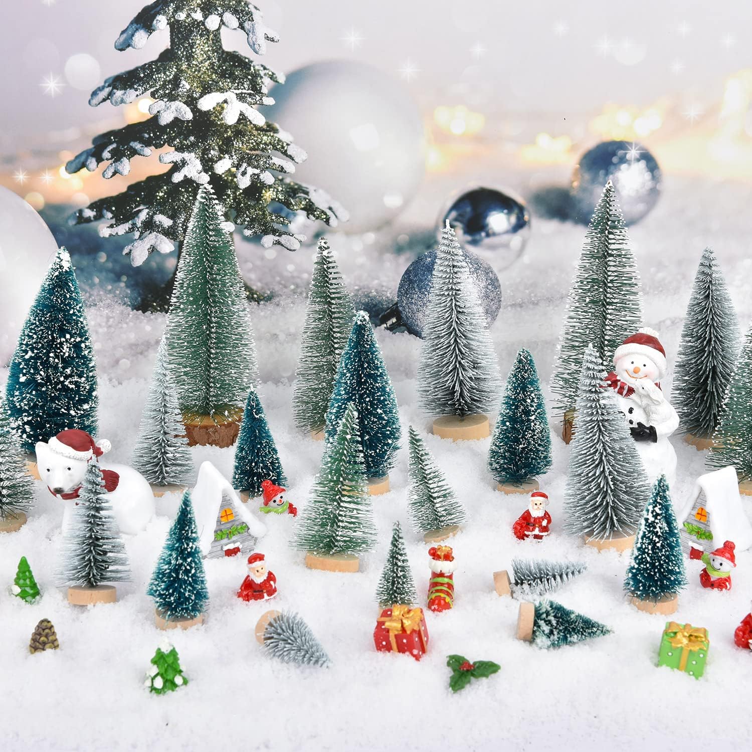 DearHouse 29PCS Artificial Mini Christmas Trees, Mini Pine Tree Sisal Trees with Wood Base Bottle Brush Trees for Christmas Table Top Decor Winter Crafts Ornaments