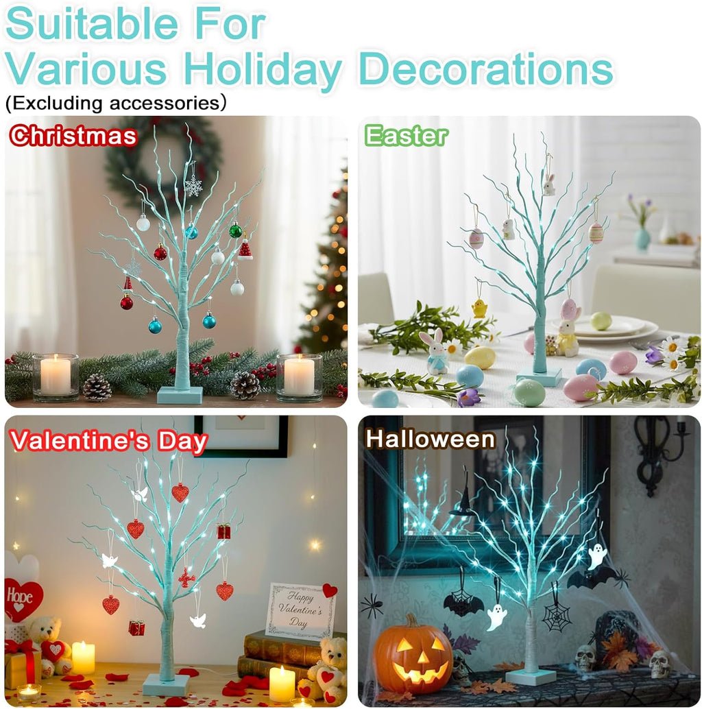 PEIDUO Blue-Green Trees Decor for Home, 2PK Tree Light Battery Powered Timer, Lighted Christmas Decorations Indoor, for Home Bedroom Living Room Fireplace Wedding Party New Year's Day and Christmas