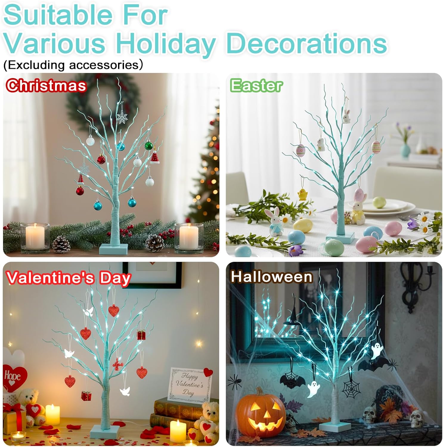 PEIDUO Blue-Green Trees Decor for Home, 2PK Tree Light Battery Powered Timer, Lighted Christmas Decorations Indoor, for Home Bedroom Living Room Fireplace Wedding Party New Year's Day and Christmas