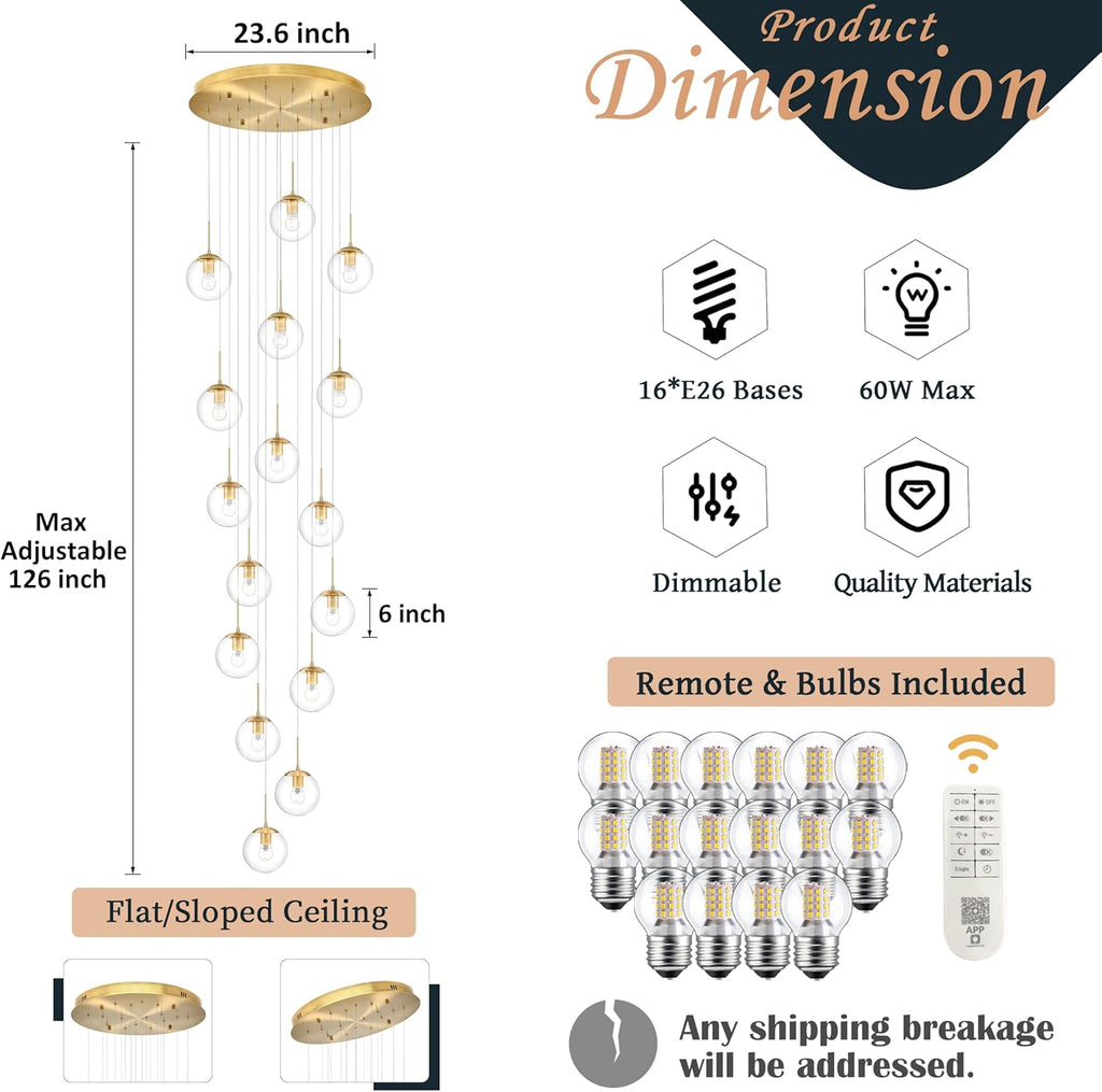 KoKo&Yukina 16-Light Gold Mid Century Modern Chandelier for Living Room Staircase Chandelier for Entryway Clear Globe Glass Chandelier High Ceiling Chandeliers Foyer Entryway (Bulb & Remote Incl.)