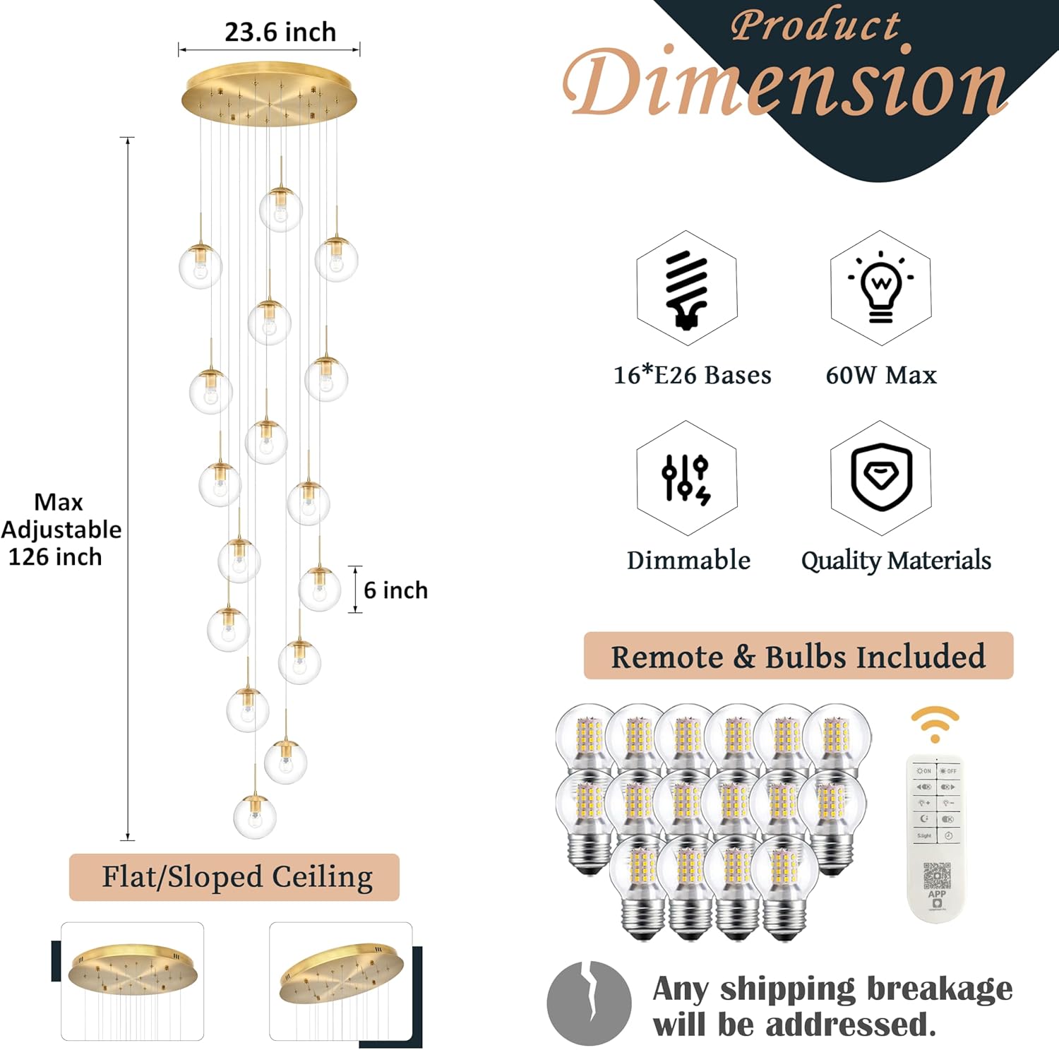 KoKo&Yukina 16-Light Gold Mid Century Modern Chandelier for Living Room Staircase Chandelier for Entryway Clear Globe Glass Chandelier High Ceiling Chandeliers Foyer Entryway (Bulb & Remote Incl.)