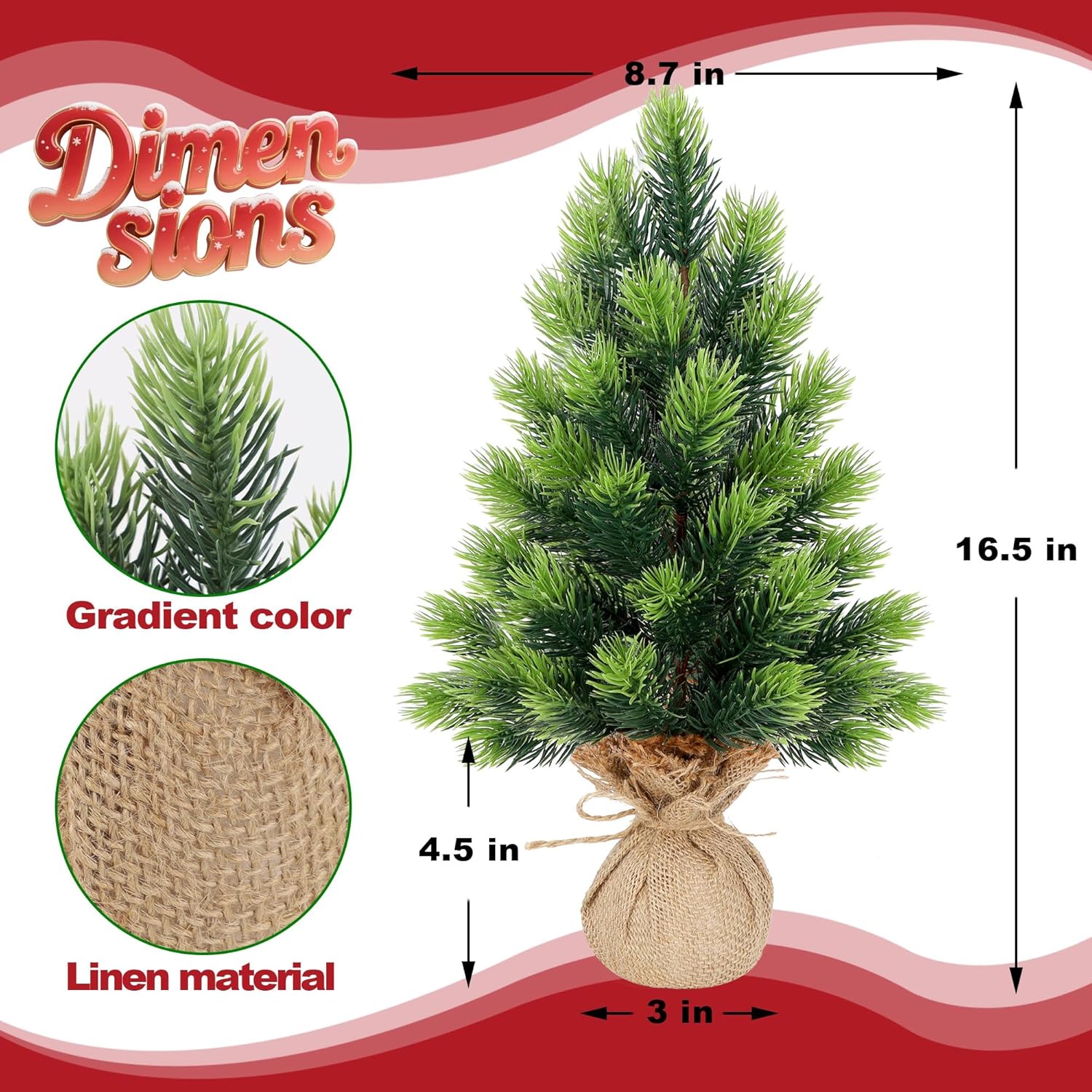 Lulu Home 2 Packs 16.5 Inch Artificial Mini Christmas Tree, Small Tabletop Desktop Xmas Tree with Burlap Base, Realistic Pine for Home Office Party Festival Decorations