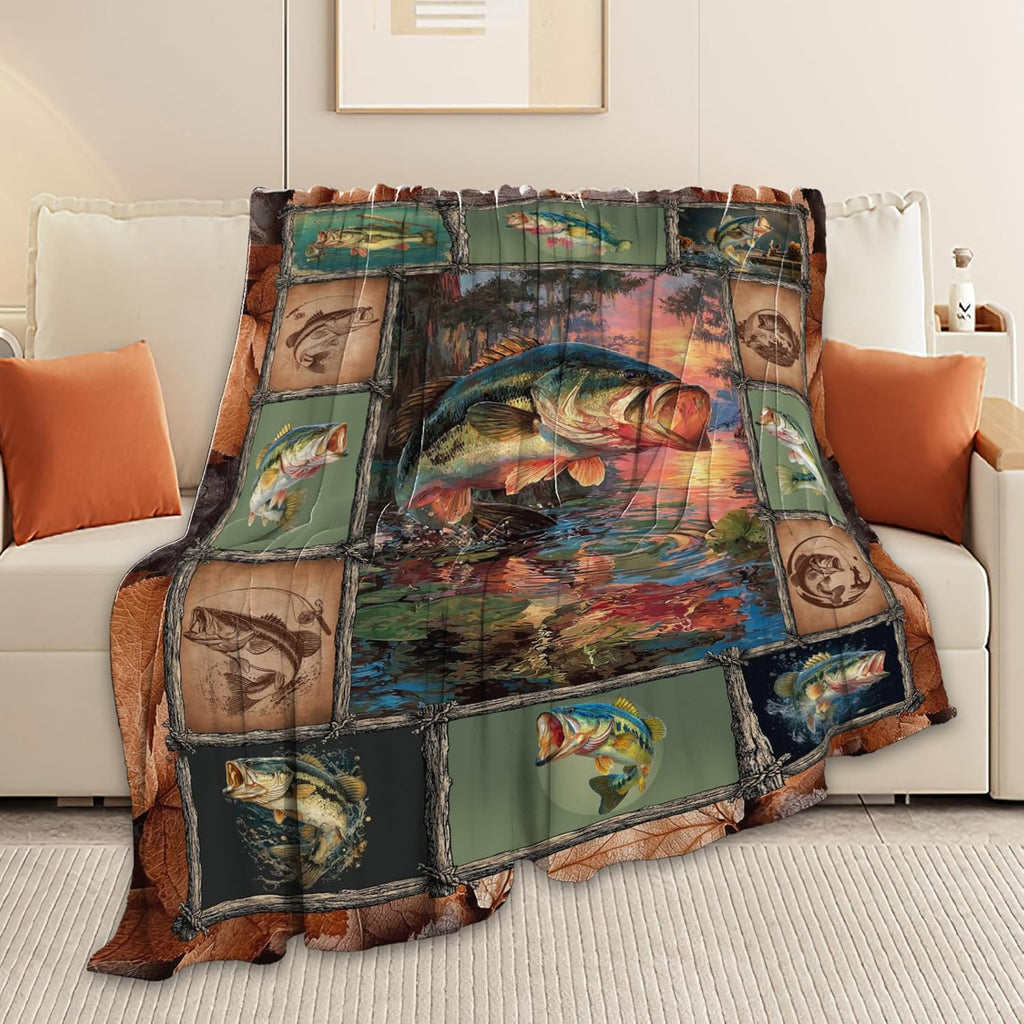 Fish Throw Blanket Fishing Stuff Gifts for Kids Girls Boys Adults Women Men Soft Cozy Warm Plush Fluffy Fuzzy Fleece Blanket Decor 50''X60''