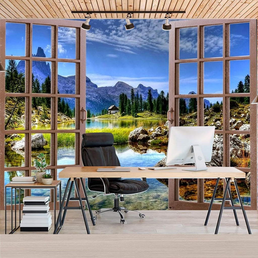 Fabric 12x8ft Lake Scenery Backdrop for Photography Rustic Wooden Window Mountain Rock Lake Photo Background Natural Outdoor Landscape Decoration Tapestry Wallpaper Kids Adults Shoot Props