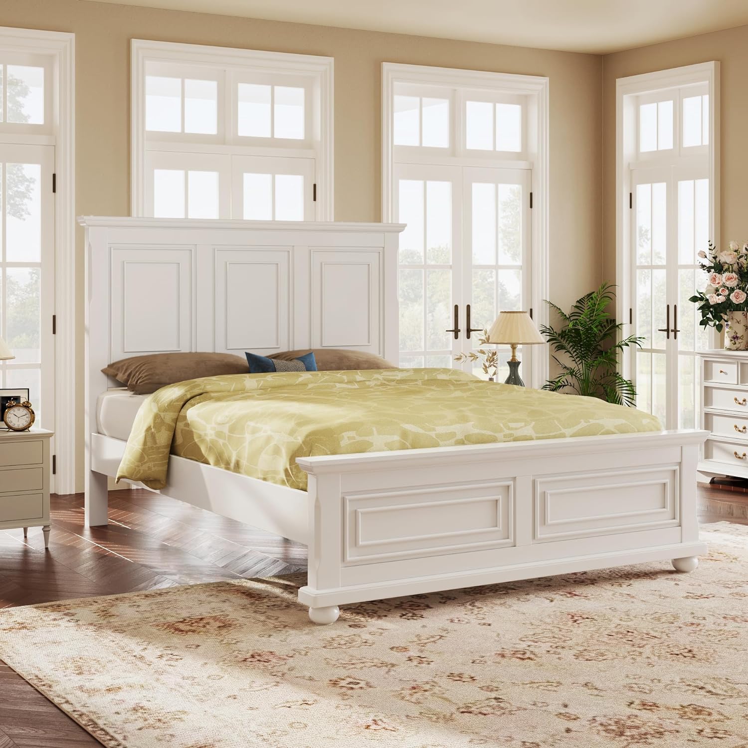 Merax King Bed Frames Traditional Town and Country Style Pinewood Vintage Bed,White