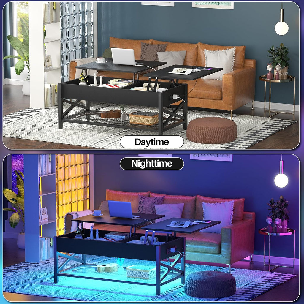 Aheaplus Black Lift-Top Coffee Table with LED Light, Power Outlets and Storage Shelf, 41.7"W x 19.69"L x 19.7"H