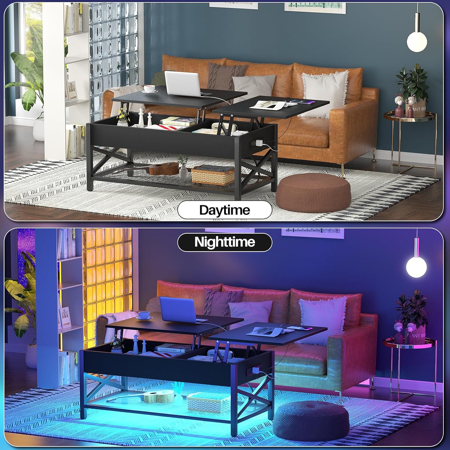 Aheaplus Black Lift-Top Coffee Table with LED Light, Power Outlets and Storage Shelf, 41.7"W x 19.69"L x 19.7"H