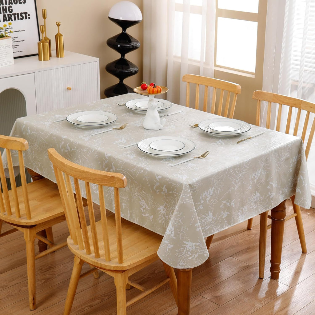 Heavy Duty Vinyl Tablecloth with Flannel Backing Waterproof Oil-Proof Plastic Table Cloth Stain-Resistant Wipeable Rectangle or Square Table Cover for Indoor and Outdoor (Beige Leaf,52x70 Inch)