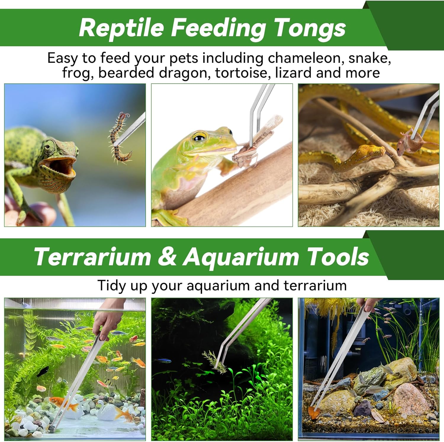 Long Tweezers for Aquarium 15 inch - 2 Pcs Stainless Steel Reptile Feeding Tongs, Curved and Straight Design with No Slip Tips,Terrarium Aquascape Tools Snake Bearded Dragon Tank Accessories