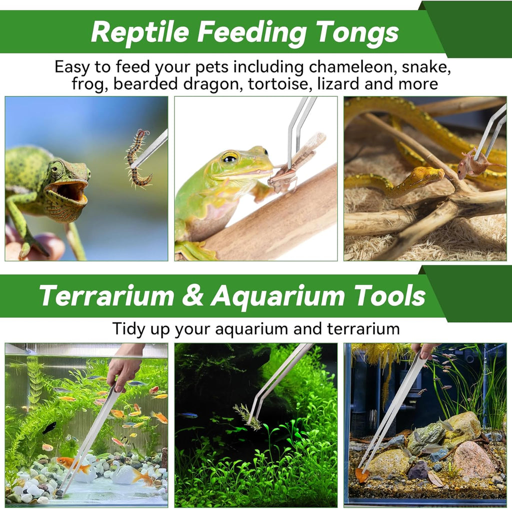 Long Aquarium Tweezers 15 inch - 4 Pcs Stainless Steel Crafts Tweezer Curved & Straight Design with No Slip Tips, Reptile Feeding Tongs, Terrarium Aquascape Tools Snake Bearded Dragon Tank Accessories