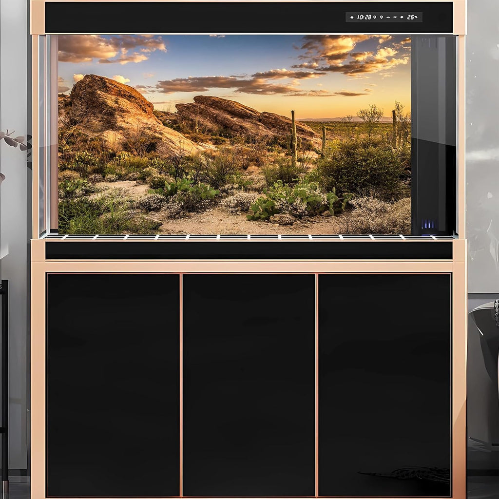 2 Packs Desert Mountain Reptile Tank Background Sunset Desert Gobi Cacti Sand Dunes Aquarium Background Saguaro Sandstone Rock Mountain Range Scenery Aquarium Reptile Enclosure Backgrounds 48x20in