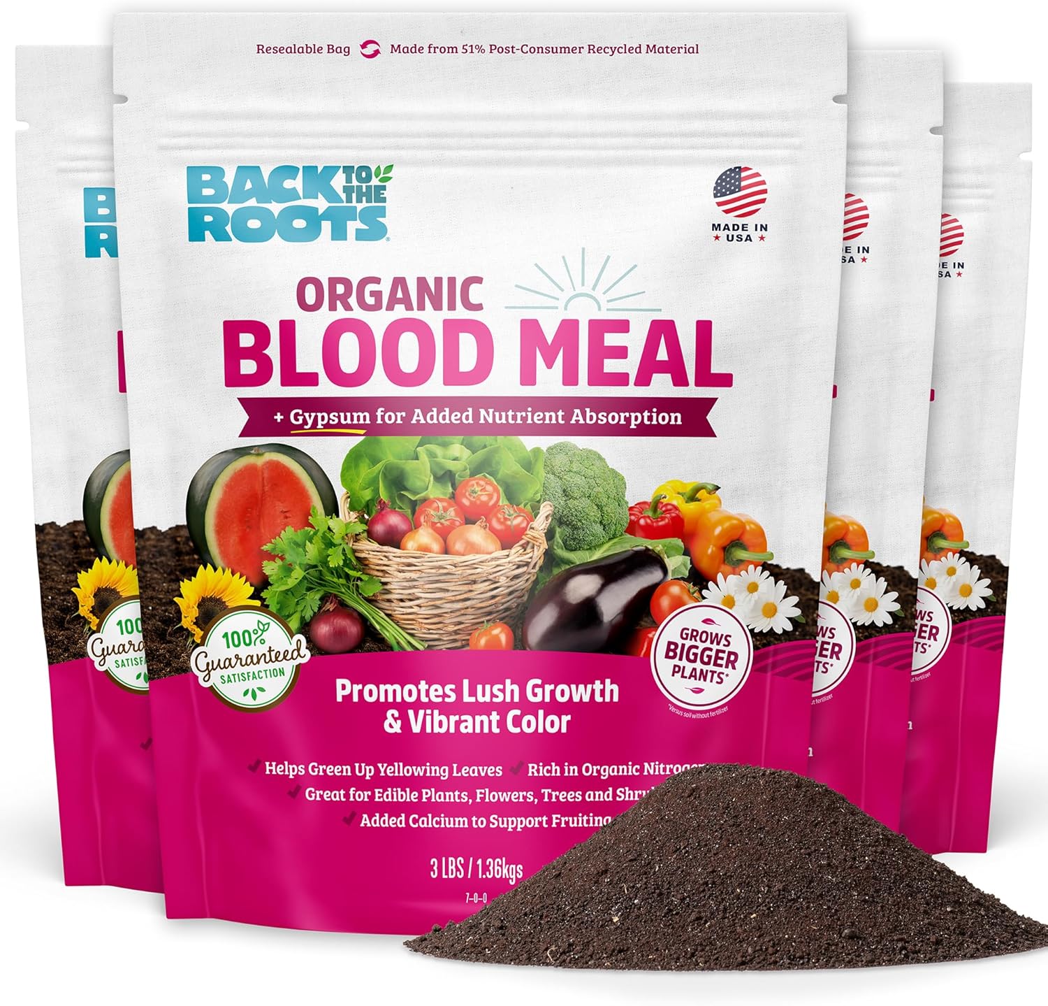 Back to the Roots Organic Blood Meal with Gypsum (3lb, Pack of 4)