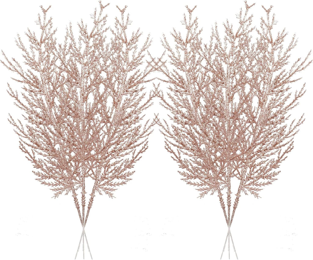 Christmas Glitter Twig 24pcs Artificial Pine Tree Picks for Christmas Tree Ornaments fillers, DIY Xmas Wreath, Crafts, Garland, Holiday, Party, Wedding and Home Decoration (Rose Gold)