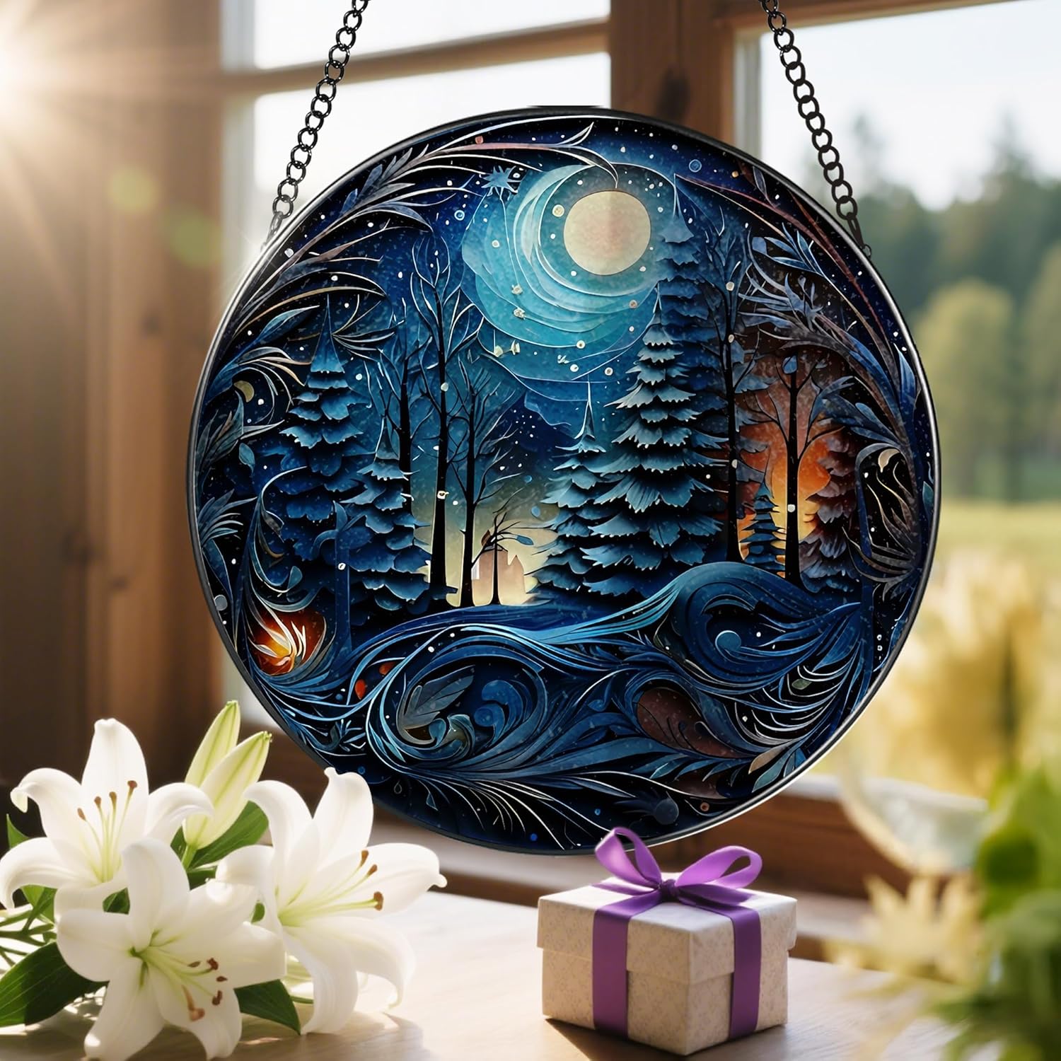 8-Inch Starry Night Forest Suncatcher Ornament, Stained Glass Window Hanging & Stained Glass Holiday Ornament, Sun Catcher Window Decor — Magical Gift for Nature Lovers, Gifts for Christmas & Holidays