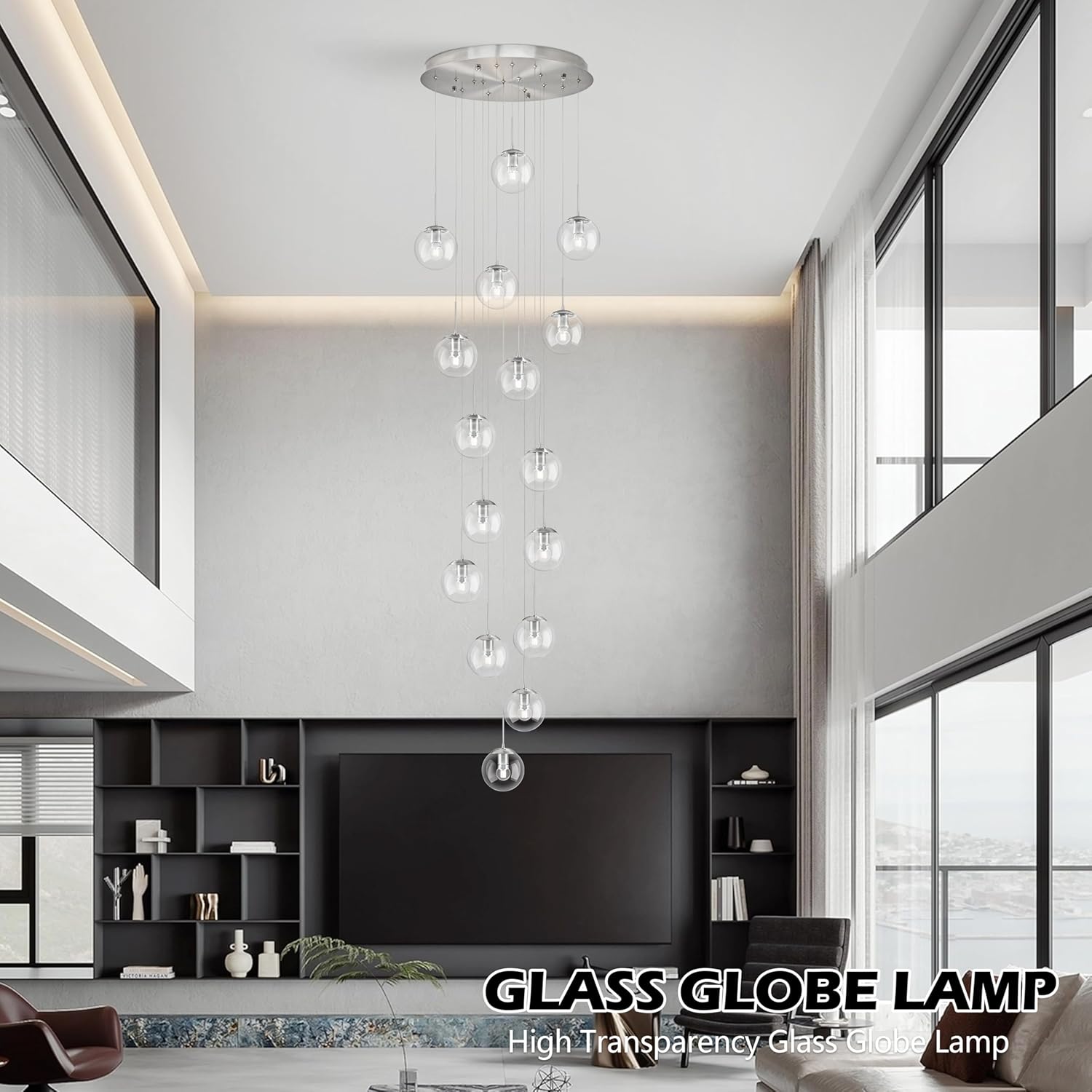 KoKo&Yukina 16-Light Nickel Mid Century Modern Chandelier for Living Room Staircase Chandelier for Entryway Clear Globe Glass Chandelier High Ceiling Chandeliers Foyer Entryway (Bulb & Remote Incl.)