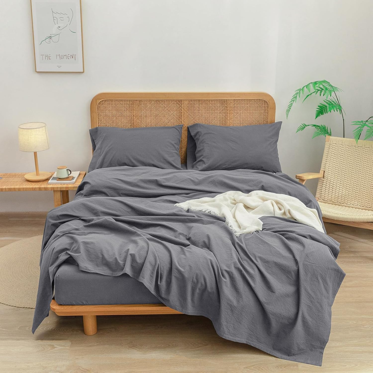 BESTOUCH Sheet Set 100% Washed Cotton Linen Feel Super Soft Comfortable Chic Lightweight 4 Pcs Home Bedding Set Solid Quiet Shade Grey Full
