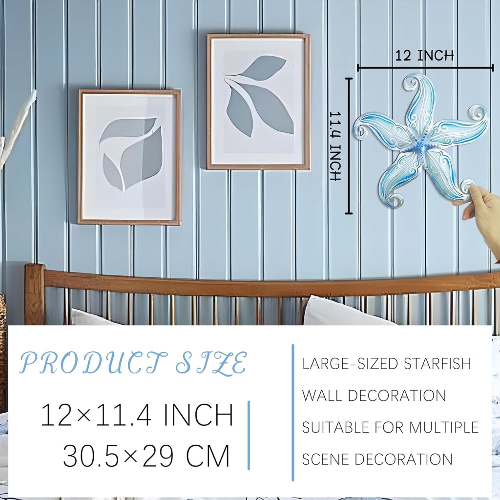 POXOHO Metal Starfish Wall Decor, Sea Life Coastal Decorations 12 inch Starfish Wall Art, Nautical Home Decoration Handing Ocean Beach Wall Art for Garden,Fence,Home,Patio,Kitchen,Bathroom,(Sky Blue)