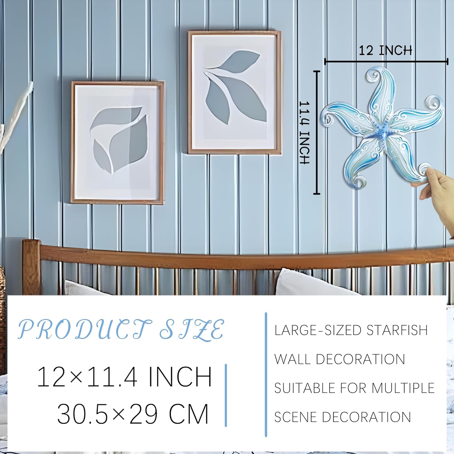 POXOHO Metal Starfish Wall Decor, Sea Life Coastal Decorations 12 inch Starfish Wall Art, Nautical Home Decoration Handing Ocean Beach Wall Art for Garden,Fence,Home,Patio,Kitchen,Bathroom,(Sky Blue)