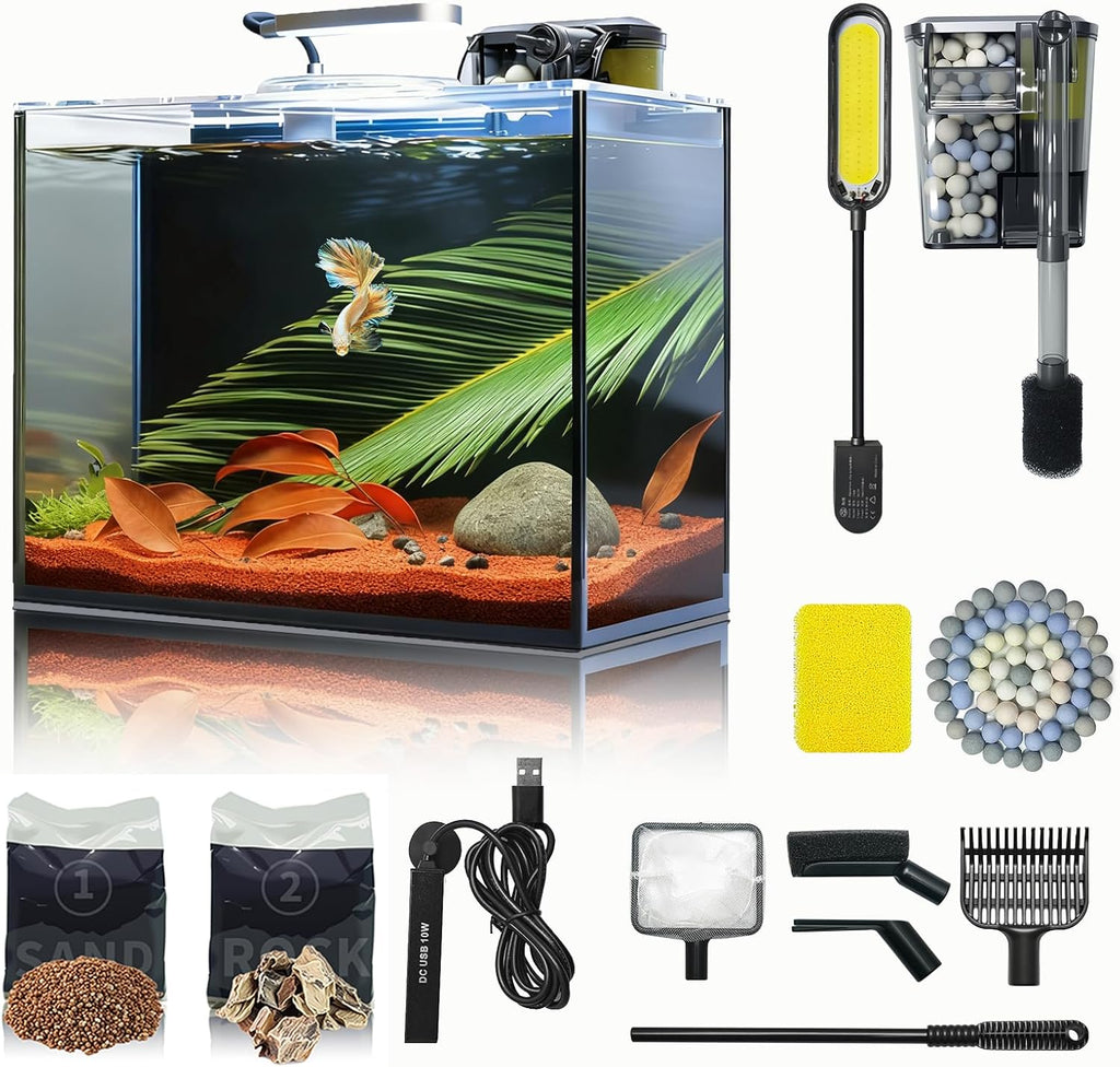 2.6 Gallon Small Aquarium Set Glass Fish Tank, Starter Kit with Heater Water Pump Cleaning System Filter Bright Light Rocks Gravel Cleaning Tool, Leak-Proof Clear Rimless Desktop Spaces Saving Betta