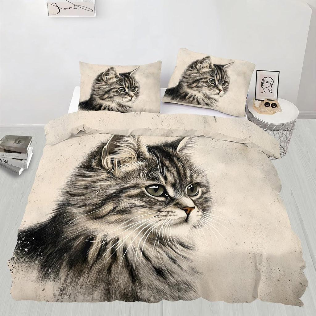 Cats Duvet Cover California King, Lovely Warm Cat Bedding Set 3 Piece Bedroom Decor Vintage Farmhouse Kitten Comforter Cover with Zipper Ties & 2 Pillowcases