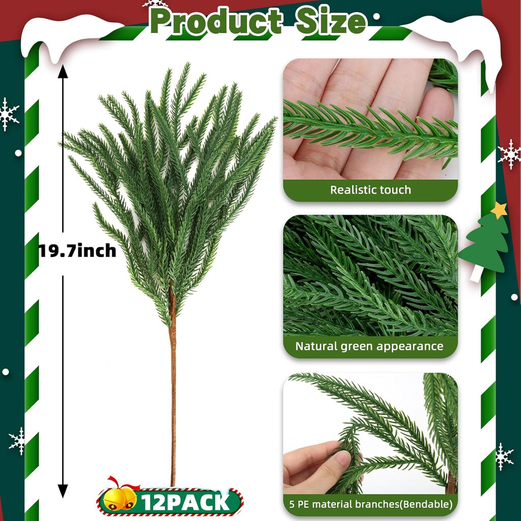 12 Pcs Artificial Norfolk Pine Branches - 19.7 Inch Real Touch Norfolk Pine Stems - Indoor Outdoor Faux Christmas Greenery Plants Stems - Table Decorations Porch Decor Christmas Stocking Stuffers