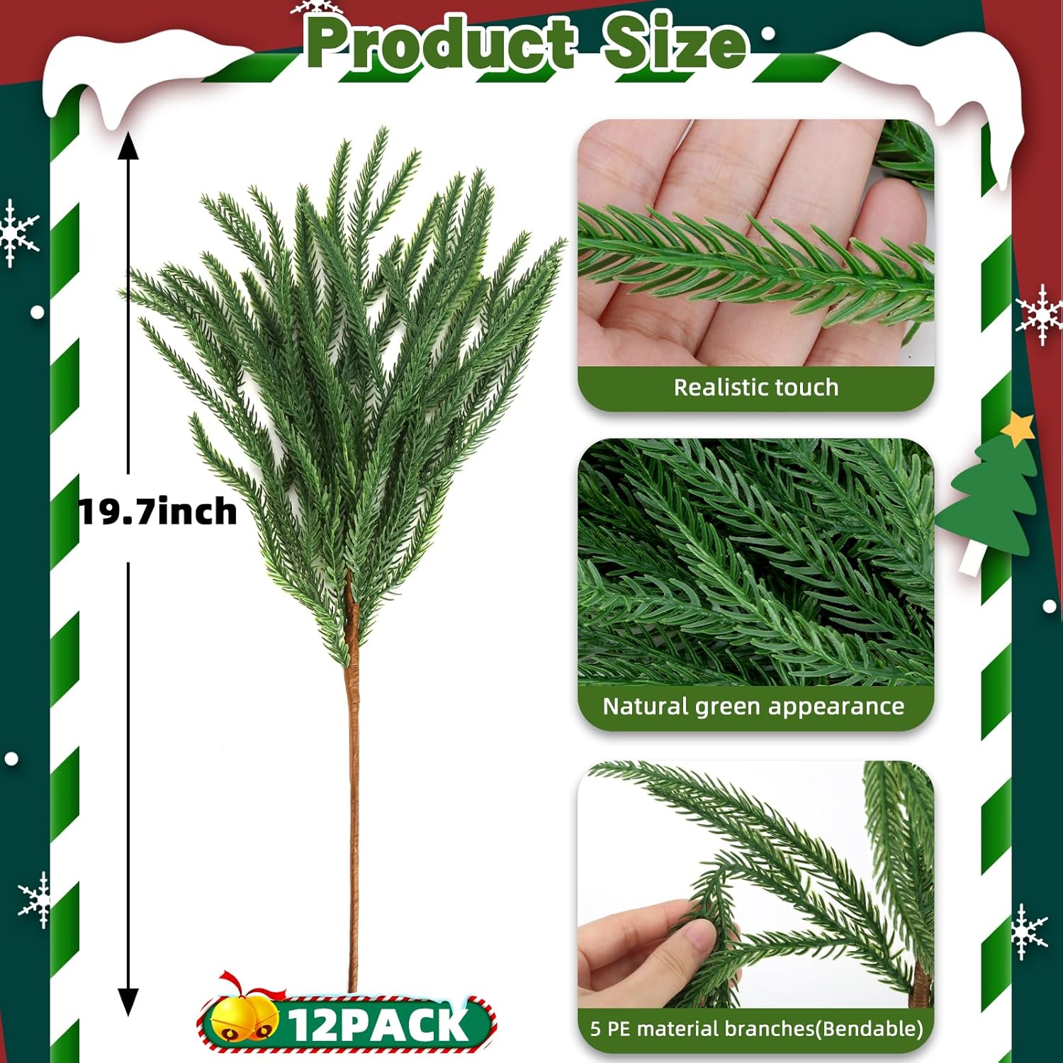 12 Pcs Artificial Norfolk Pine Branches - 19.7 Inch Real Touch Norfolk Pine Stems - Indoor Outdoor Faux Christmas Greenery Plants Stems - Table Decorations Porch Decor Christmas Stocking Stuffers