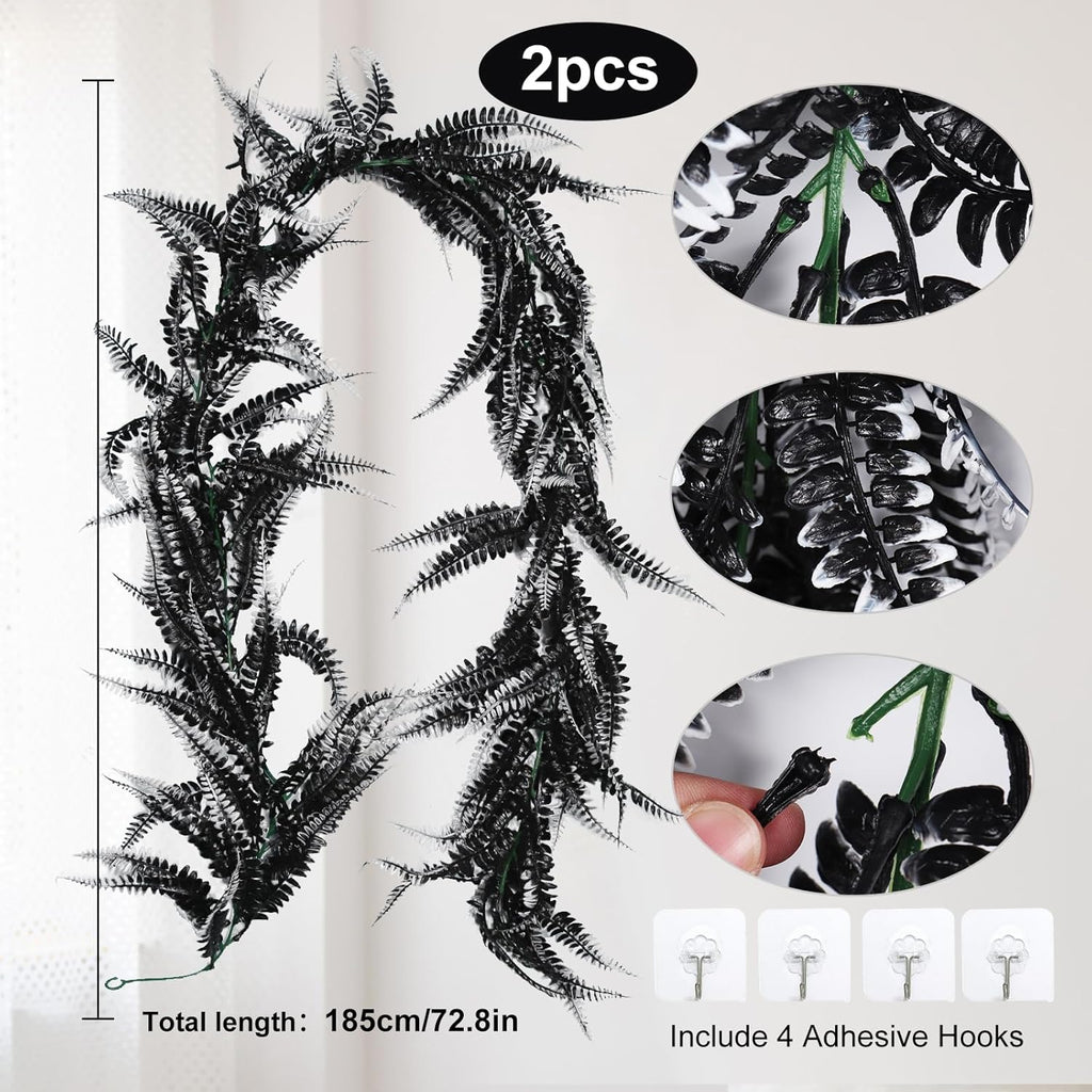 RECUTMS 2pcs Black Garland Artificial Boston Palnts 6 FT Fern Garland Faux Hanging Greenery UV Resistant Halloween Wreath for Outdoor Indoor Halloween Decor (Black+White)