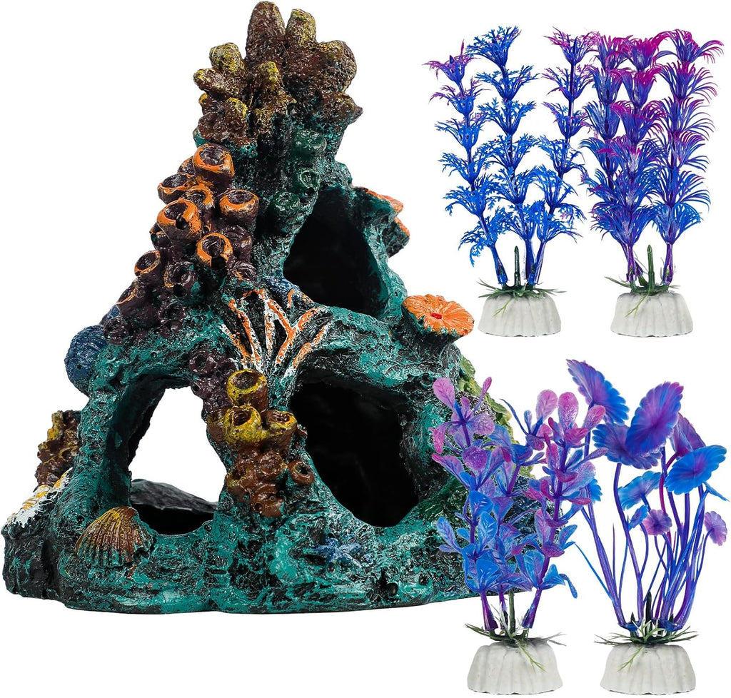 Uniclife Aquarium Decor, Fish Tank Decorations, Realistic Resin Coral Reef Rock Ornament & Plants Set for Fish Tank Decor, Colorful Aquarium Cave Decorations for Freshwater & Saltwater Tanks