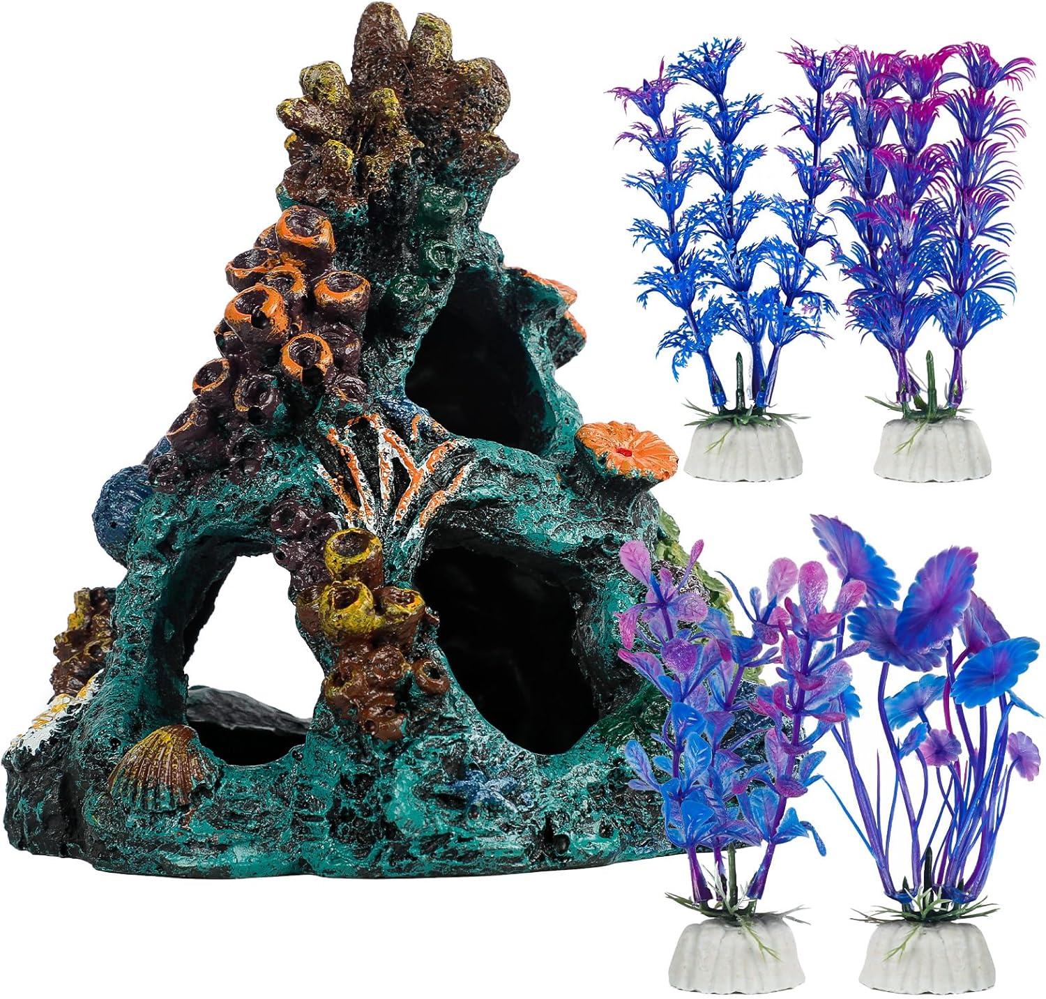 Uniclife Aquarium Decor, Fish Tank Decorations, Realistic Resin Coral Reef Rock Ornament & Plants Set for Fish Tank Decor, Colorful Aquarium Cave Decorations for Freshwater & Saltwater Tanks