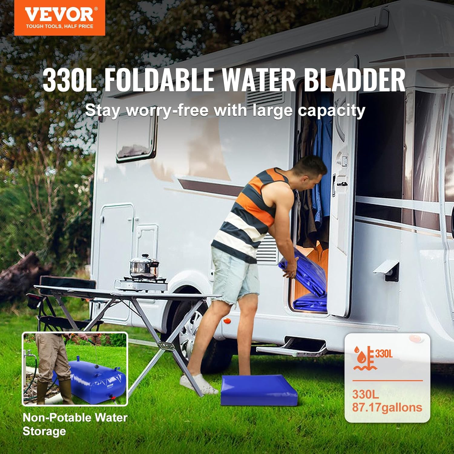 VEVOR 330L/87.17 Gallon Water Storage Bladder, RV Water Tank, 1000D Blue PVC Collapsible Water Storage Containers, Large Capacity Soft Water Bag, Portable Water Bladder, for Garden Irrigation, Camping