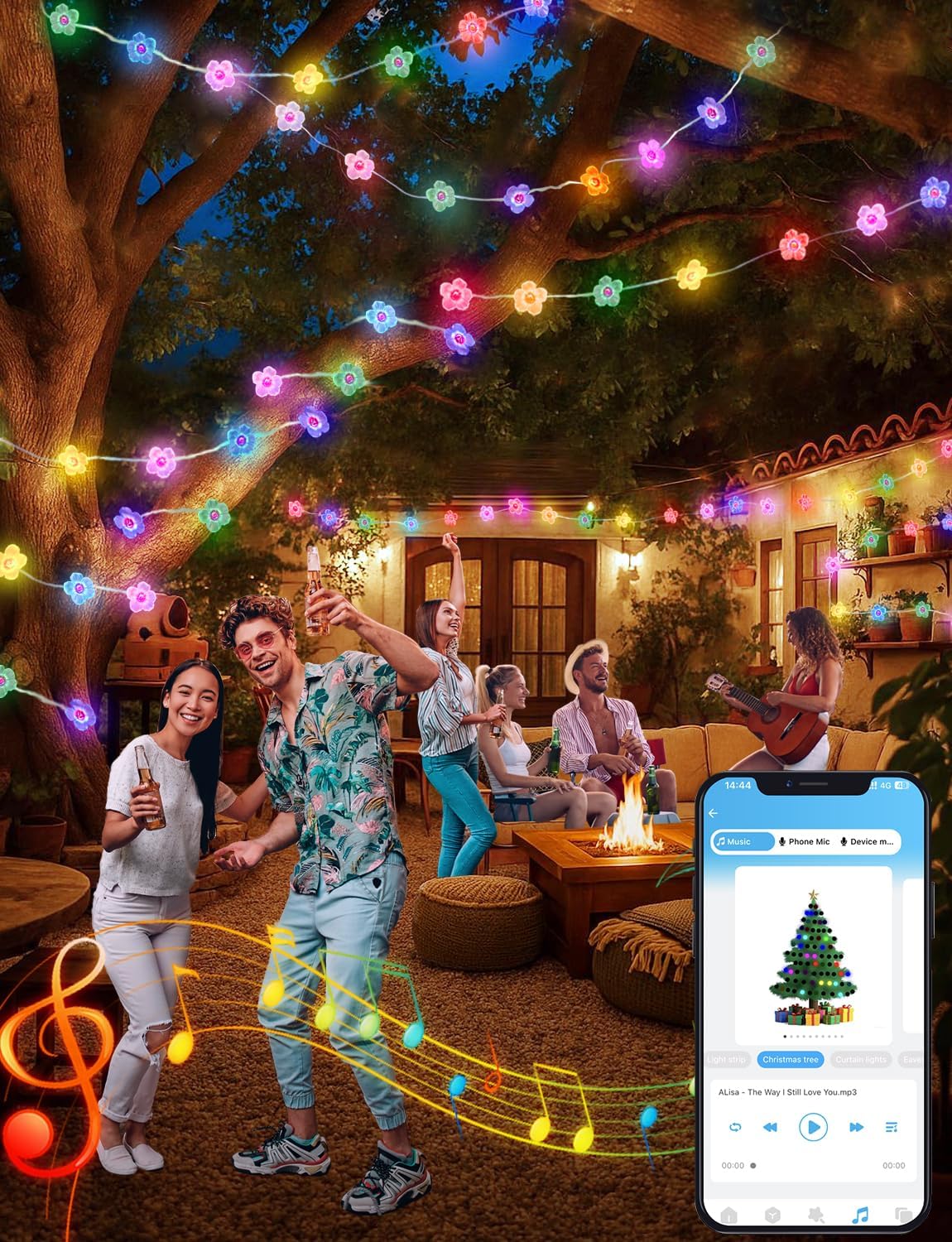 echosari Cherry Blossom Flower String Lights, 33ft 16 Million Color Chaning Fairy Lights Plug in APP & Remote Control DIY Music Sync Flower Light for Bedroom Dorm Wedding Decor