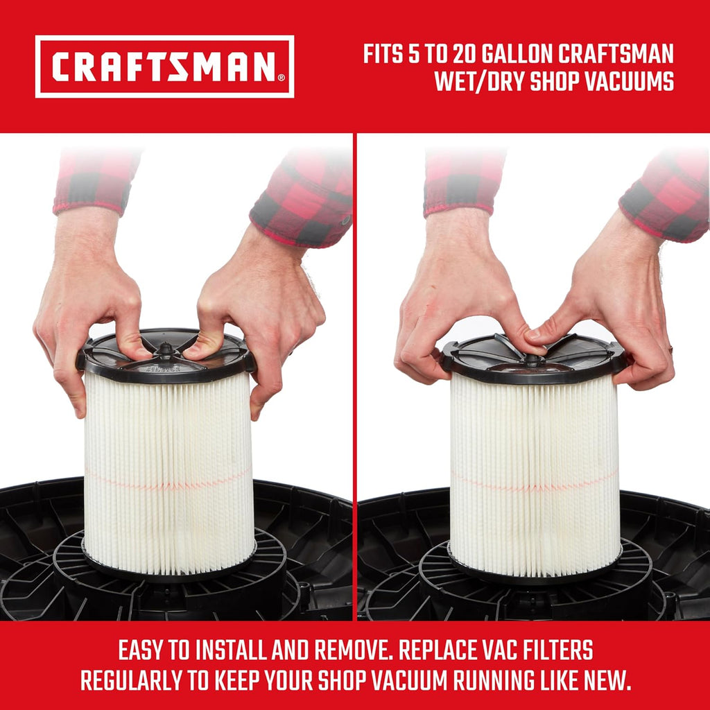 CRAFTSMAN CMXZVBE38779 Genuine General Purpose and Wet Application Wet Dry Vac Replacement Vacuum Filters for Most 5 to 20 Gallon CRAFTSMAN Shop Vacuums, Easy Installation, Liquid and Dry Pick-ups
