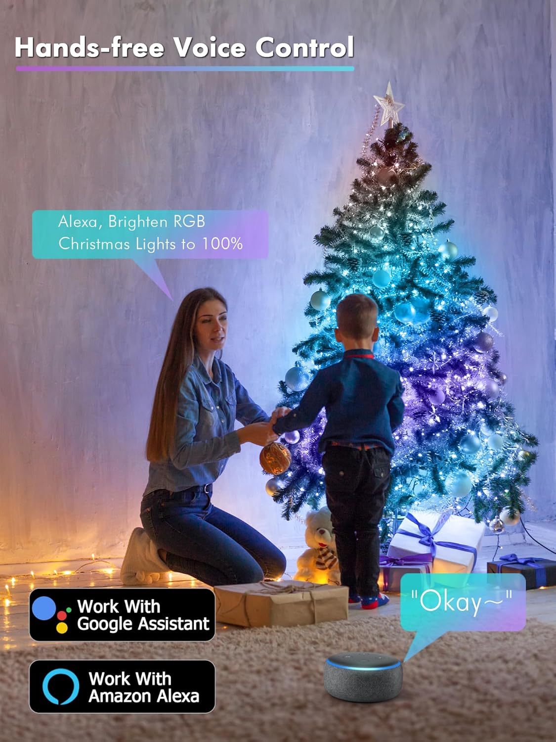 BrizLabs Smart Christmas Lights, 66ft 200 LED Color Changing Xmas Lights Work with Alexa & Google Home, Rainbow Fairy Light Christmas Decorative Tree Lighting Green Wire for Xmas Tree Halloween Party