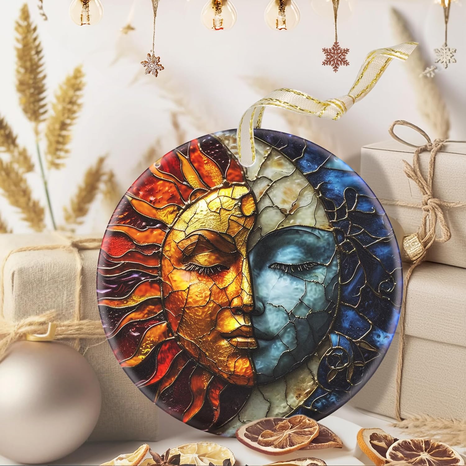 3.5 Inch Ceramic Christmas Tree Ornament, Sun and Moon Christmas Ornaments, Heirloom Keepsake, Gift Exchange, Gift Idea, Bauble Present