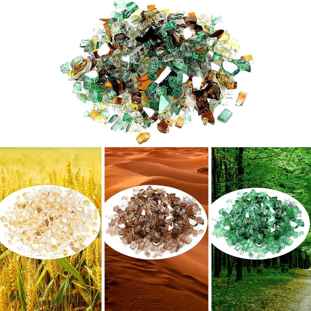 Onlyfire 10 Pounds Blended Reflective Fire Glass for Fire Pit Fireplace and Landscaping, 1/2 Inch Mixed Colored High Luster Fireglass Rocks for Outdoor ＆ Indoor Use - Gold+Light Green+Copper