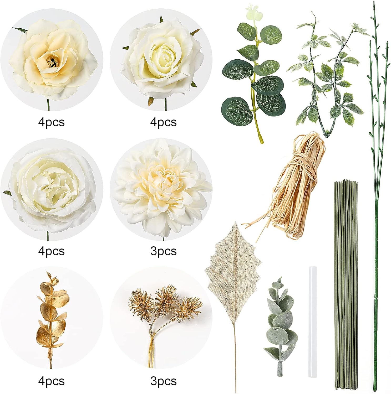 YYHUAWU Artificial Flowers Combo Box Set Gradient Color Flower Leaf with Stems for DIY Wedding Bouquets Centerpieces Baby Shower Party Home Decorations Ivory