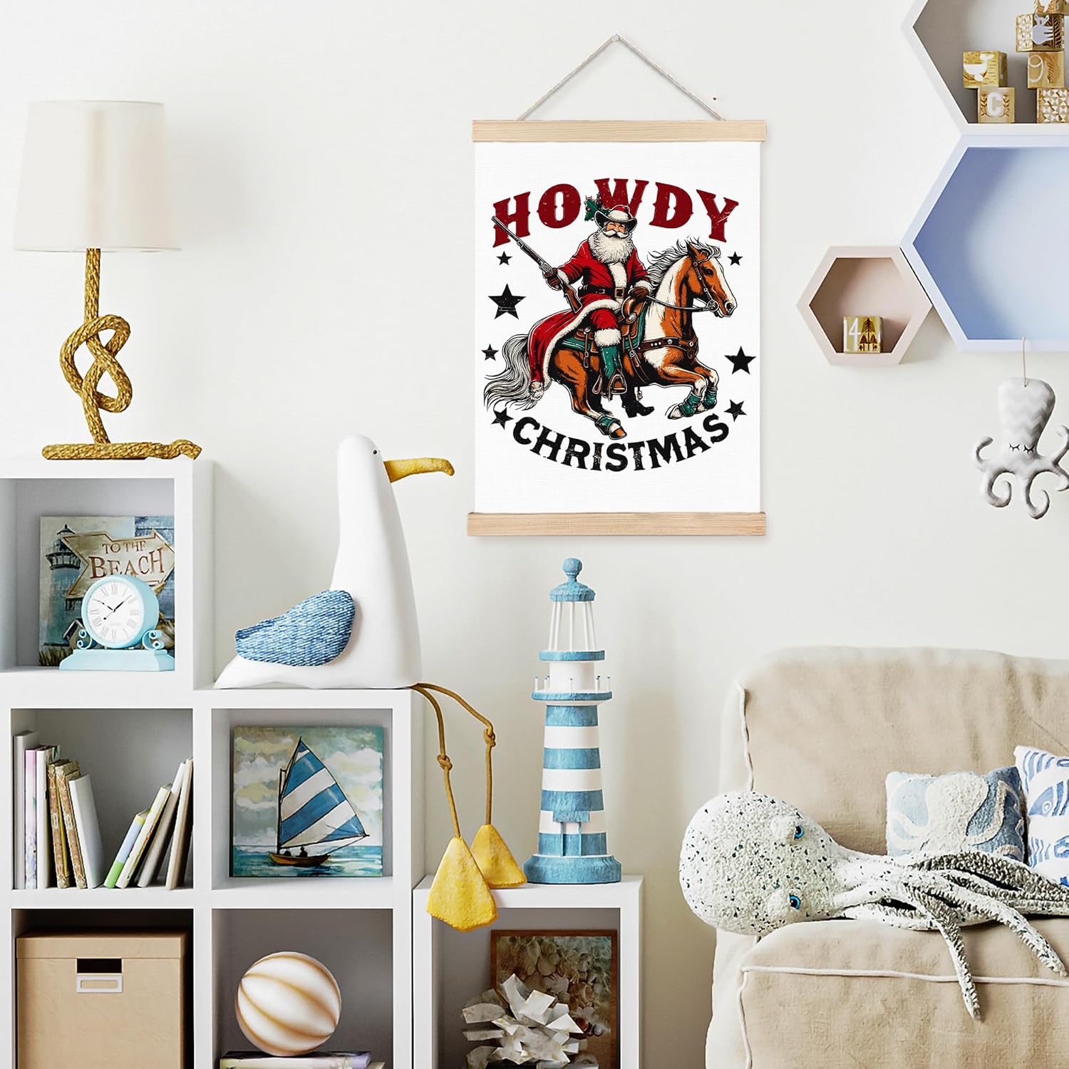 FDHSPAAM Cowboy Christmas Santa Wall Art Decor, Western Christmas Decor, Funny Retro Country Rodeo Howdy Santa Wall Art Posters for Home Bedroom Living Room, 12x16 Inch