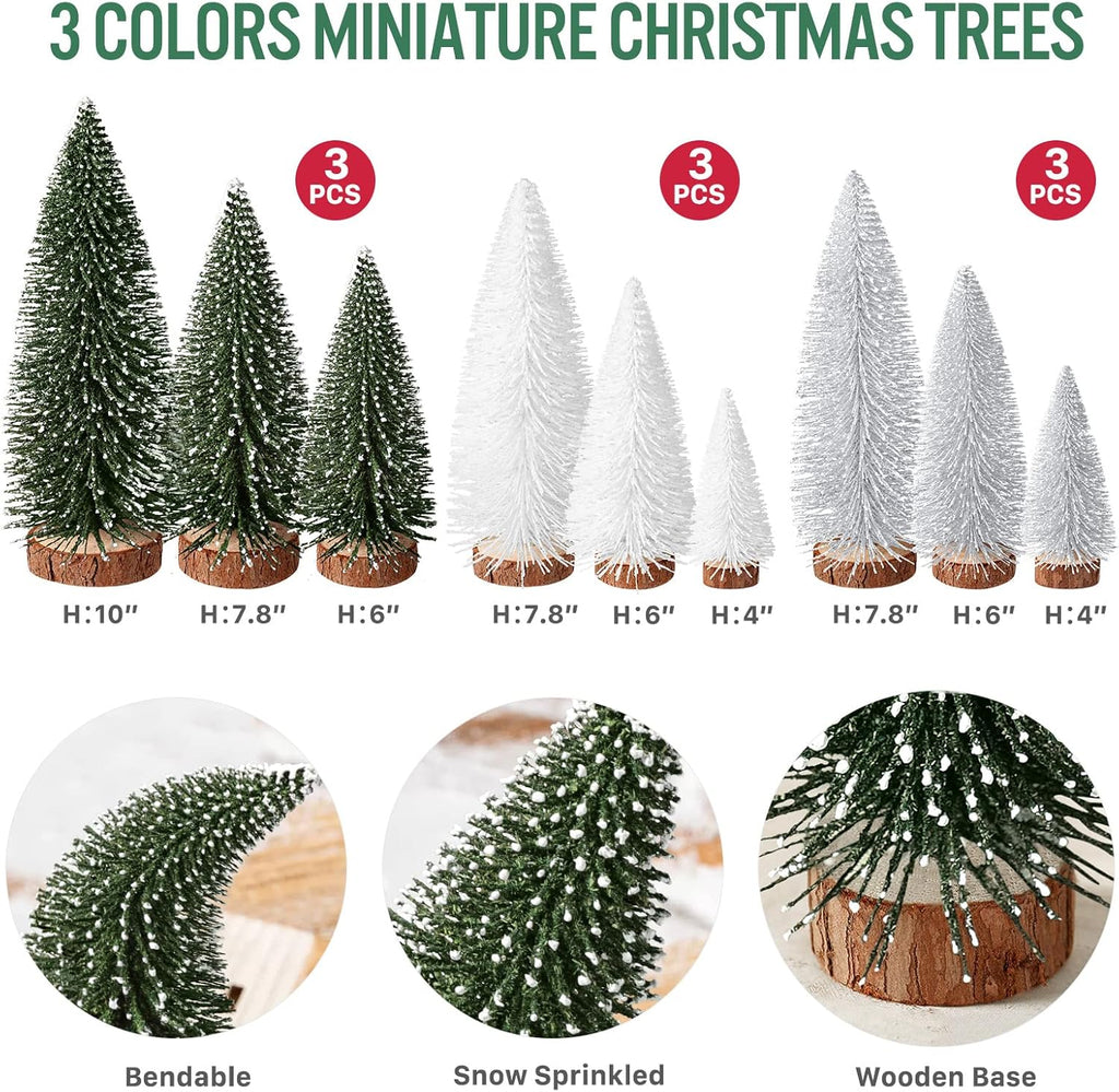 9Pcs Mini Bottle Brush Christmas Trees in 4 Sizes - Green, Silver, White Table Decorations