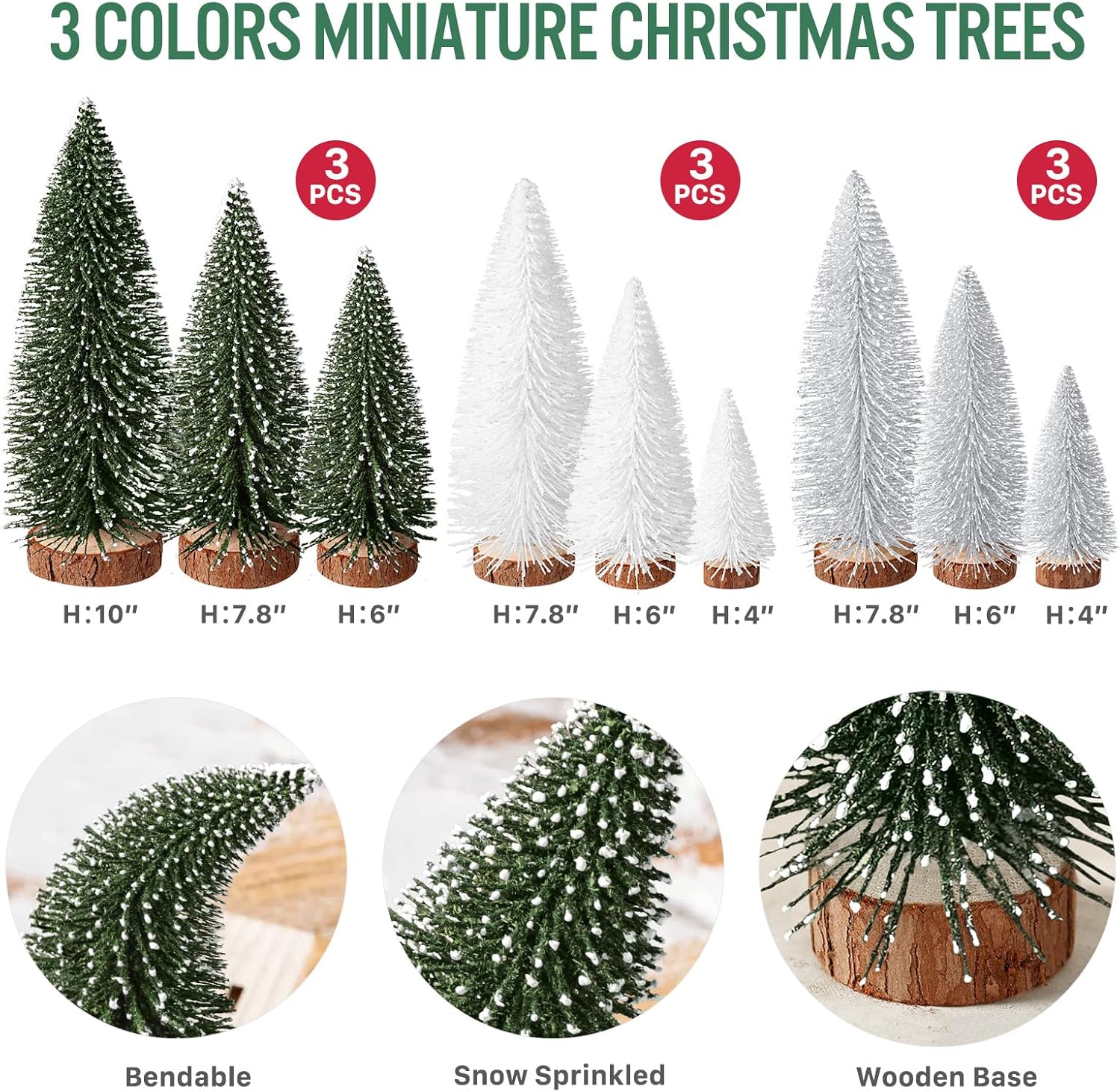 9Pcs Mini Bottle Brush Christmas Trees in 4 Sizes - Green, Silver, White Table Decorations
