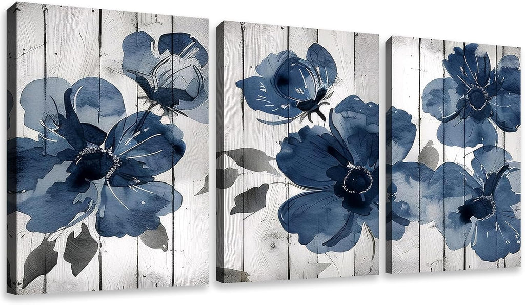 The Mode Art Canvas Wall Art Navy Blue Wildflower Watercolor Boho Botanical Floral 3Pcs Flower Wall Decor Pictures Modern Posters for Bedroom Living Room Home Decoration 12x16in